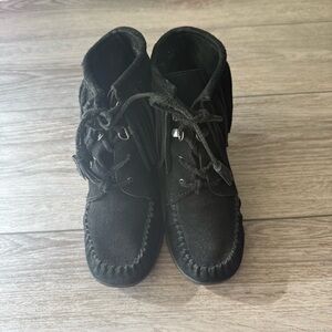 Minnetonka Black Lace-Up Fringe Wedge Booties